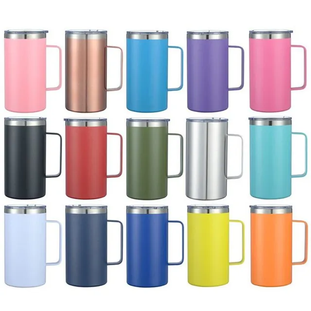 DHgate-web ad creative: Why Pay More? 24oz Coffee Cup Mugs Double Wall Stainless Steel Vacuum Insulated Ice Beer Cups Camping Travel Tumbler Cups With Handle & Closed Spill Proof Lids