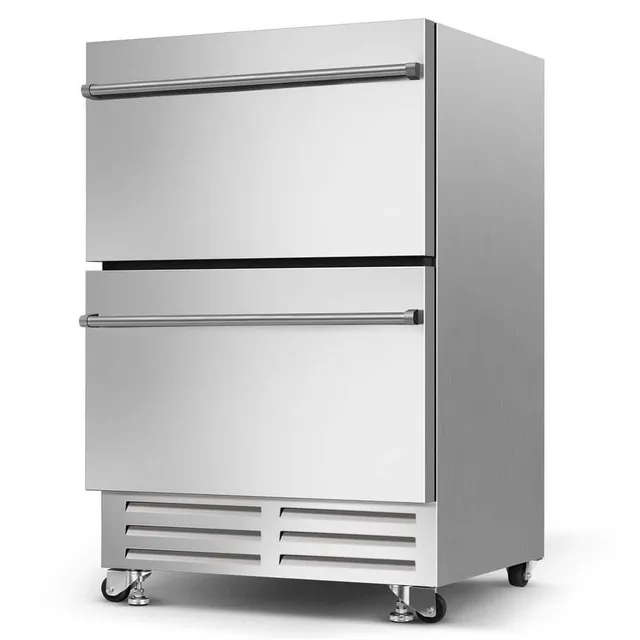 Home Depot ad creative: Hooure 24 in. 5.3 cu. ft. 178 Cans Built-In/Freestanding Outdoor Beverage Center in Stainless Steel with Dual Drawer