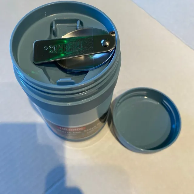 Mercari ad creative: Thermos 16oz Insulated Food Jar With Folding Spoon, Stainless Steel - New Home