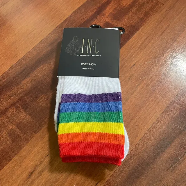 mercari.com ad creative: CompressionZ Rainbow Knee High Socks Nwt - New Women | Color: Orange/Brown | Size: One Size