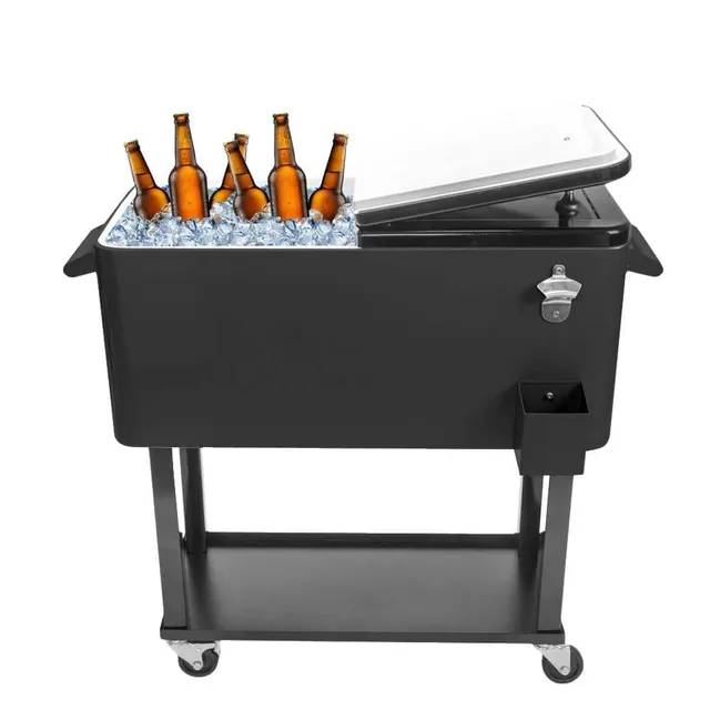 Home Depot ad creative: Karl home Black 80 Qt. Iron Beverage Wheeled Cooler with Shelf